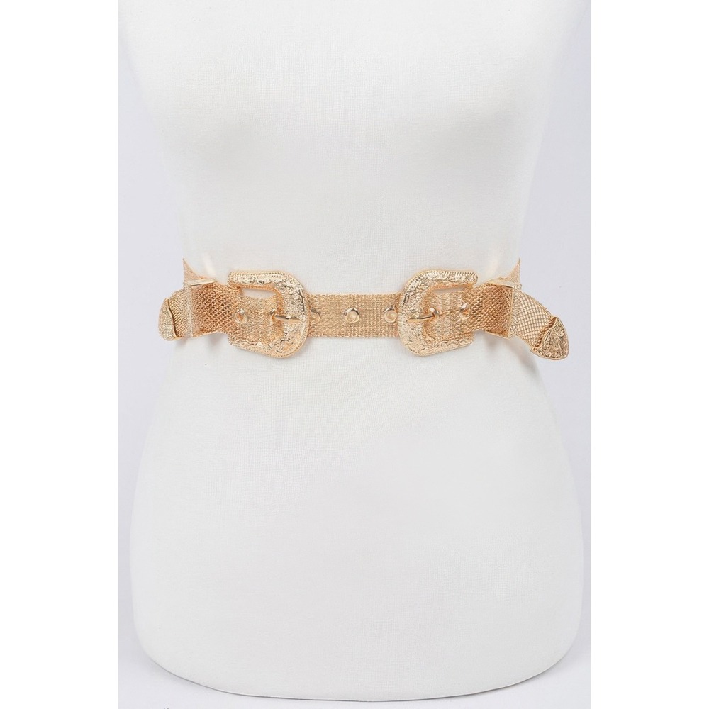 Double Buckle Belt Women OS Gold New Western Mesh Metal Statement